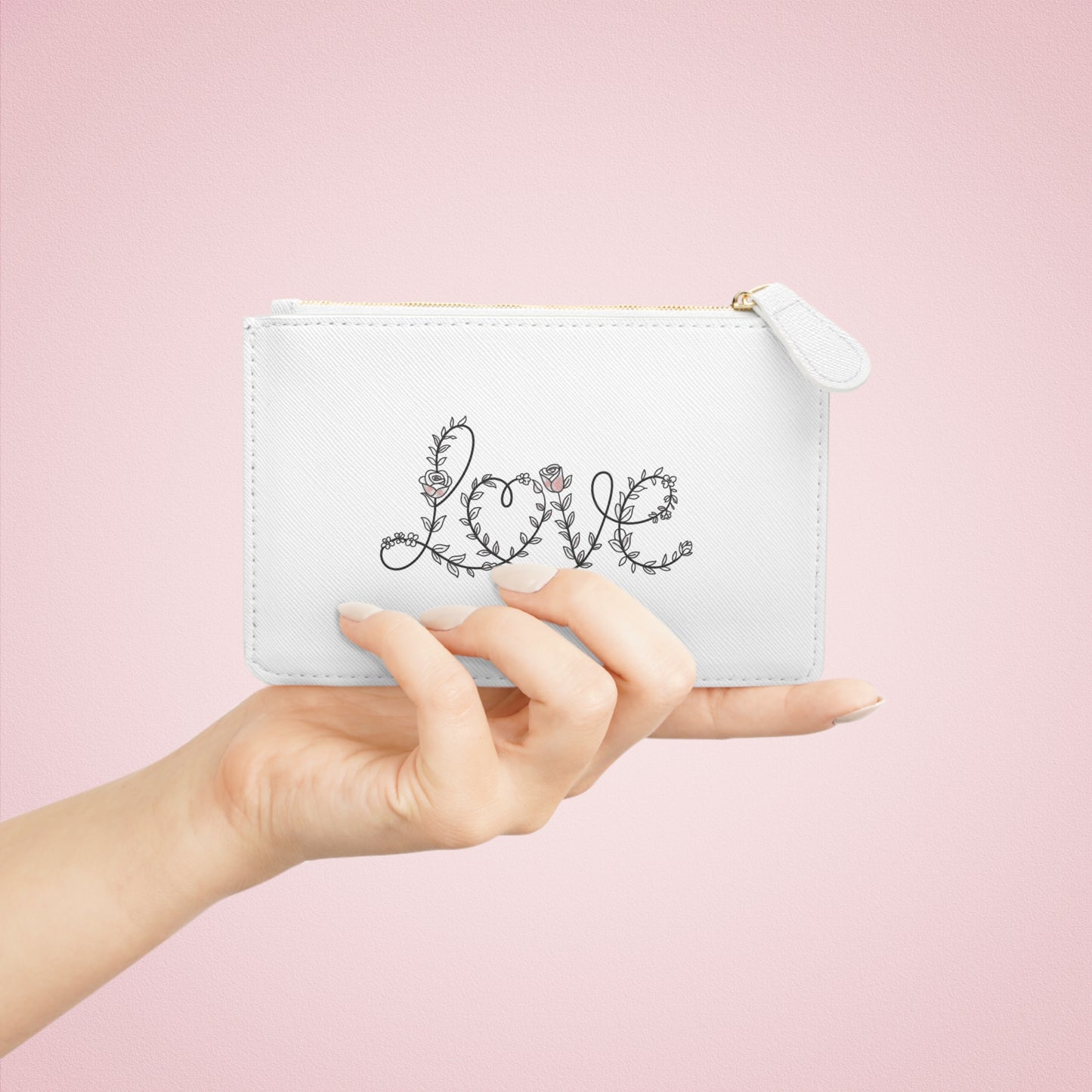 Mini Clutch — Floral 'Love' Script Zip Pouch