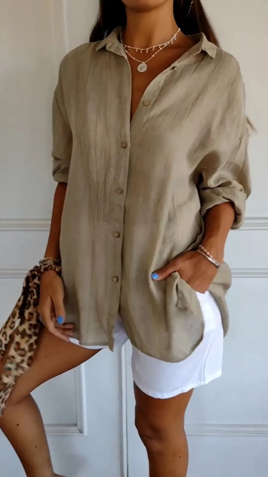 Lapel Long Sleeve Pleated Shirt