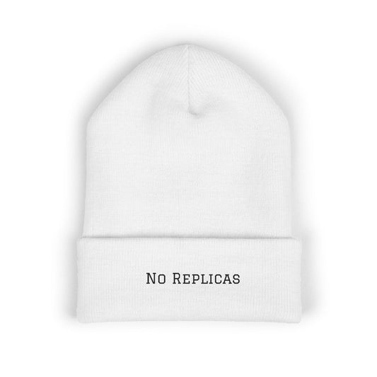 No Replicas Embroidered Cuffed Beanie — Minimalist Streetwear Knit Hat