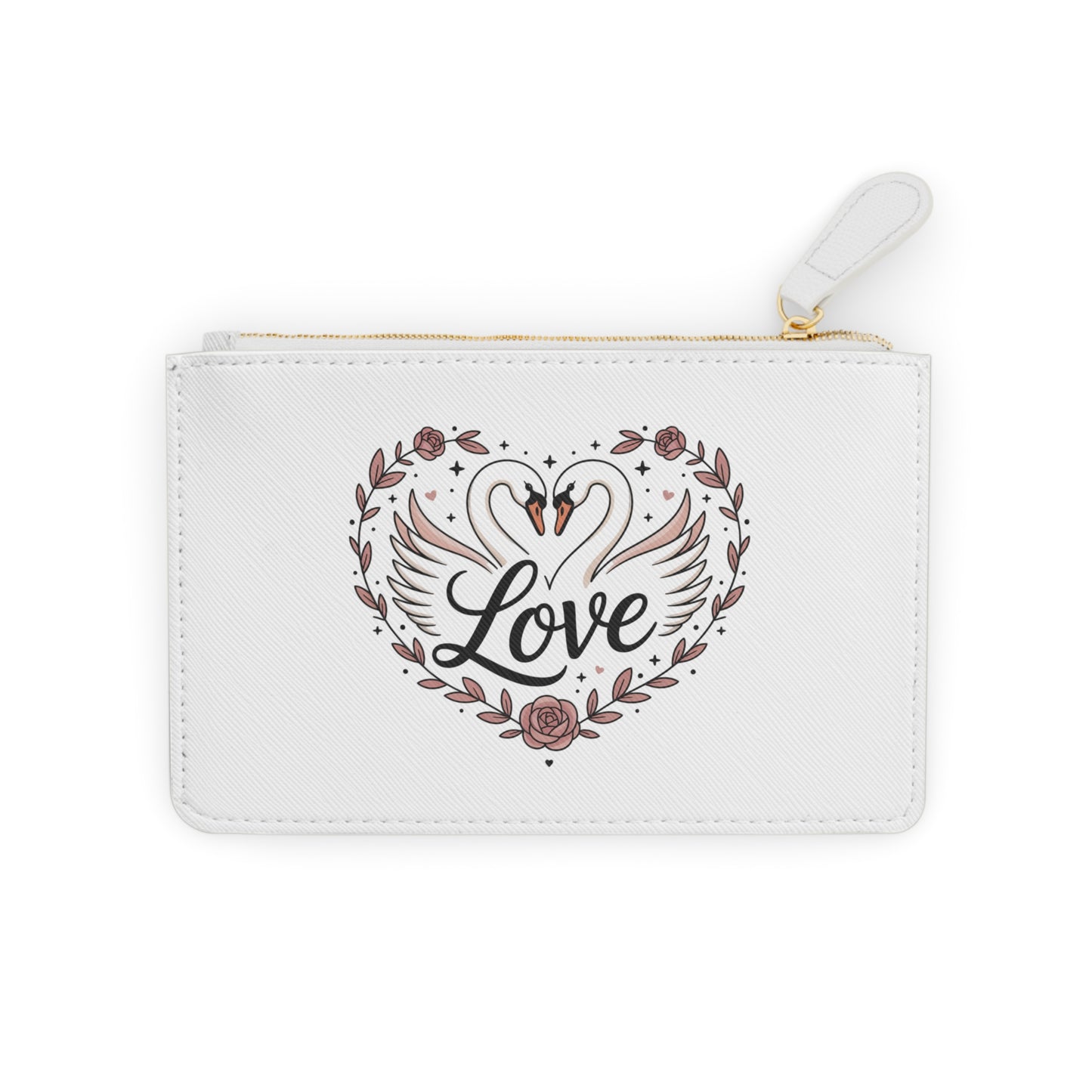 Love Swan Heart Mini Clutch Bag — Romantic Floral Zip Pouch for Weddings & Gifts