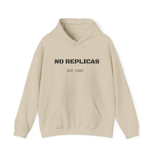 No Replicas Beige Hoodie — "No Replicas" Graphic Hooded Sweatshirt