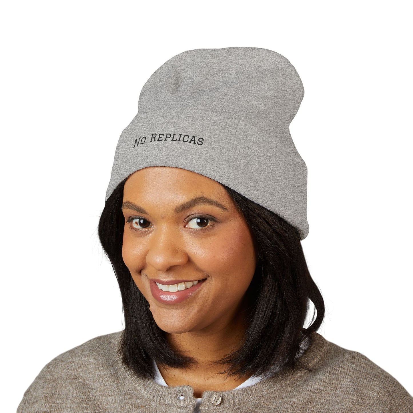 No Replicas Embroidered Cuffed Beanie — Minimalist Streetwear Knit Hat