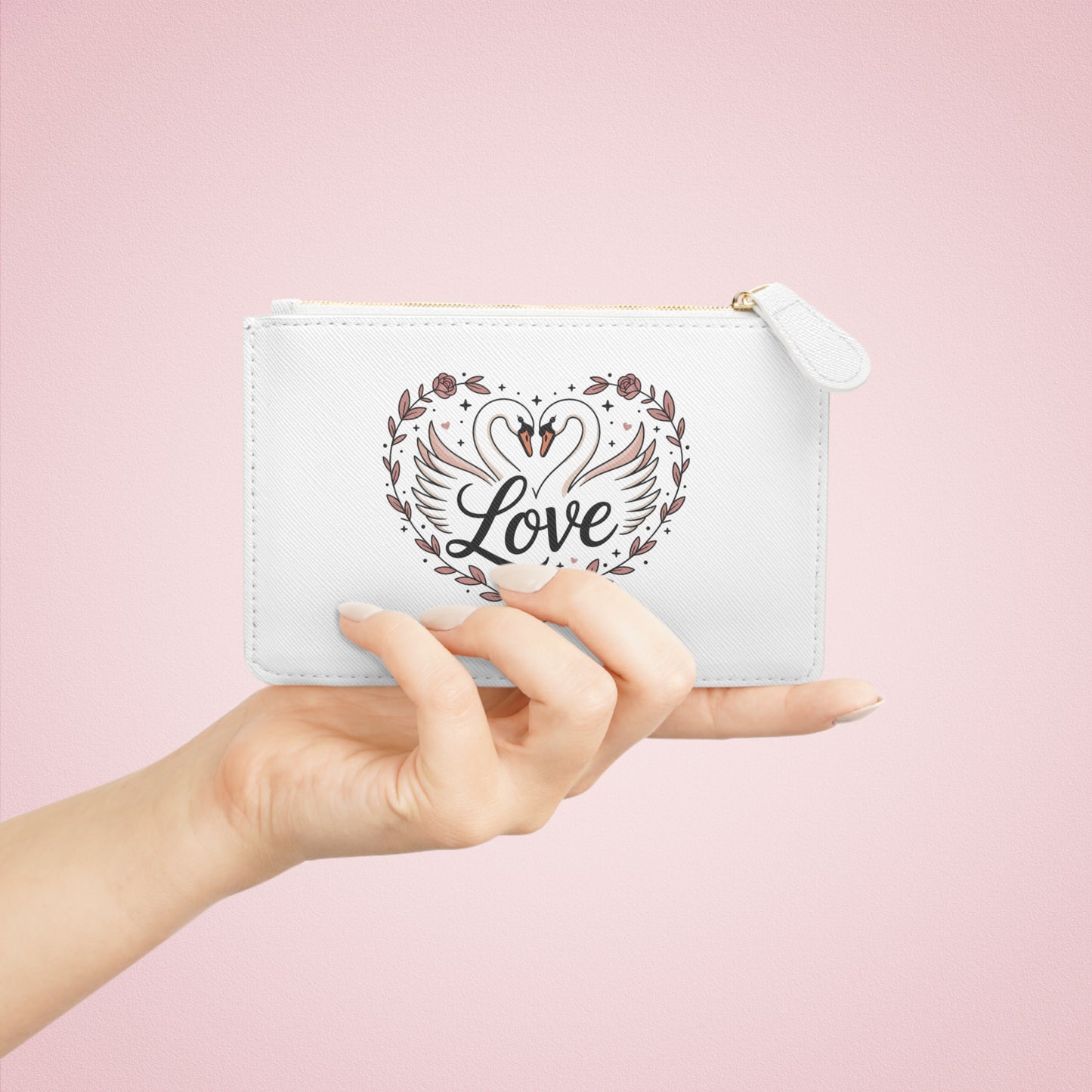 Love Swan Heart Mini Clutch Bag — Romantic Floral Zip Pouch for Weddings & Gifts