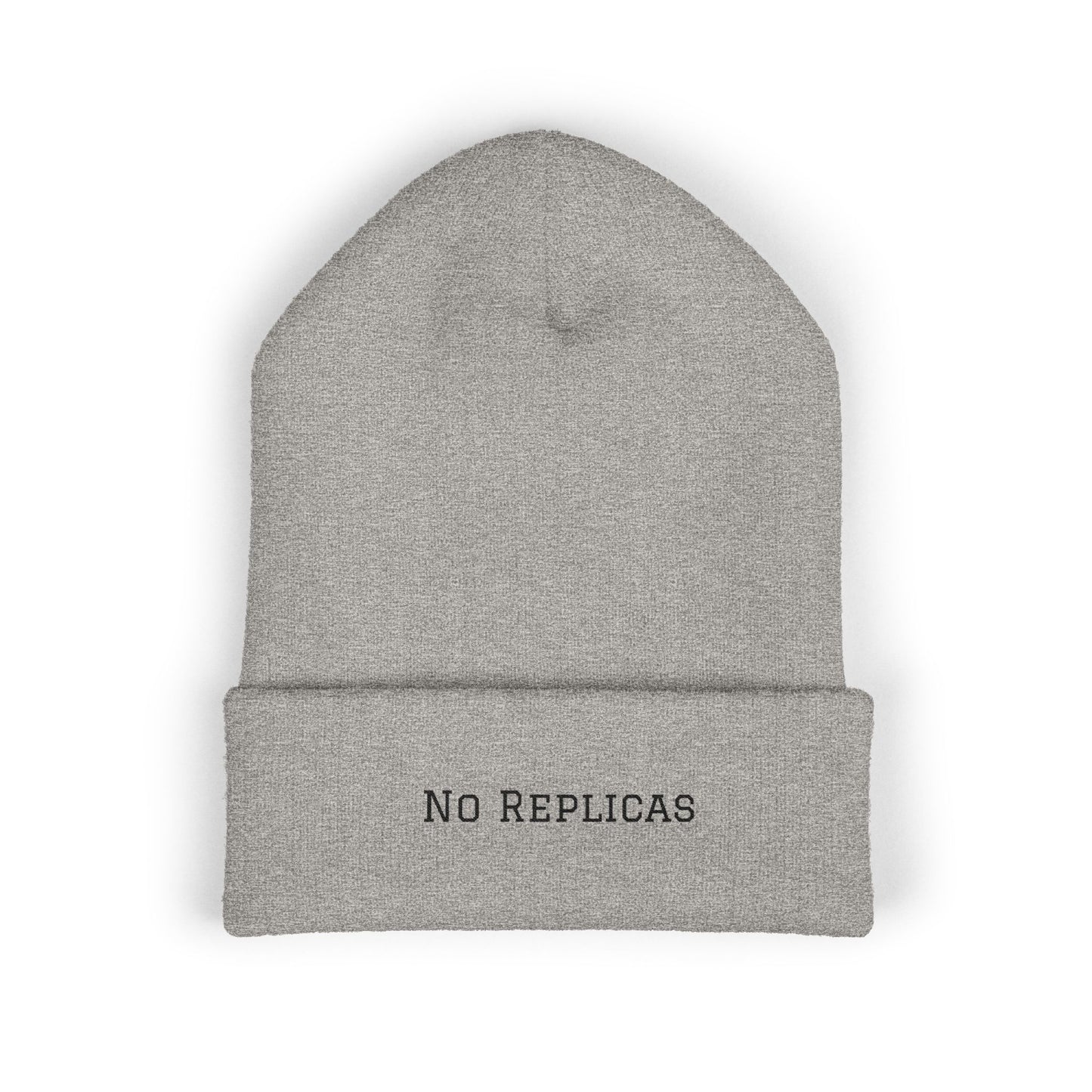 No Replicas Embroidered Cuffed Beanie — Minimalist Streetwear Knit Hat