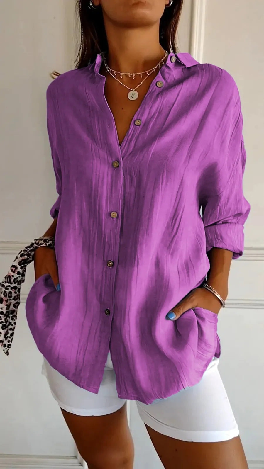 Lapel Long Sleeve Pleated Shirt