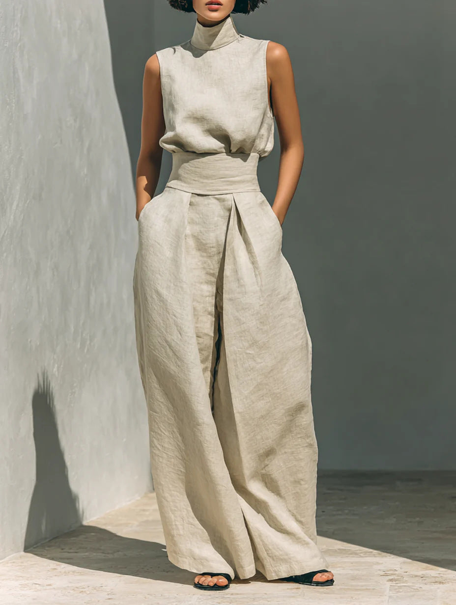Casual Sleeveless Summer Stand-up Collar Pullover Top And Loose Straight-leg Trouser