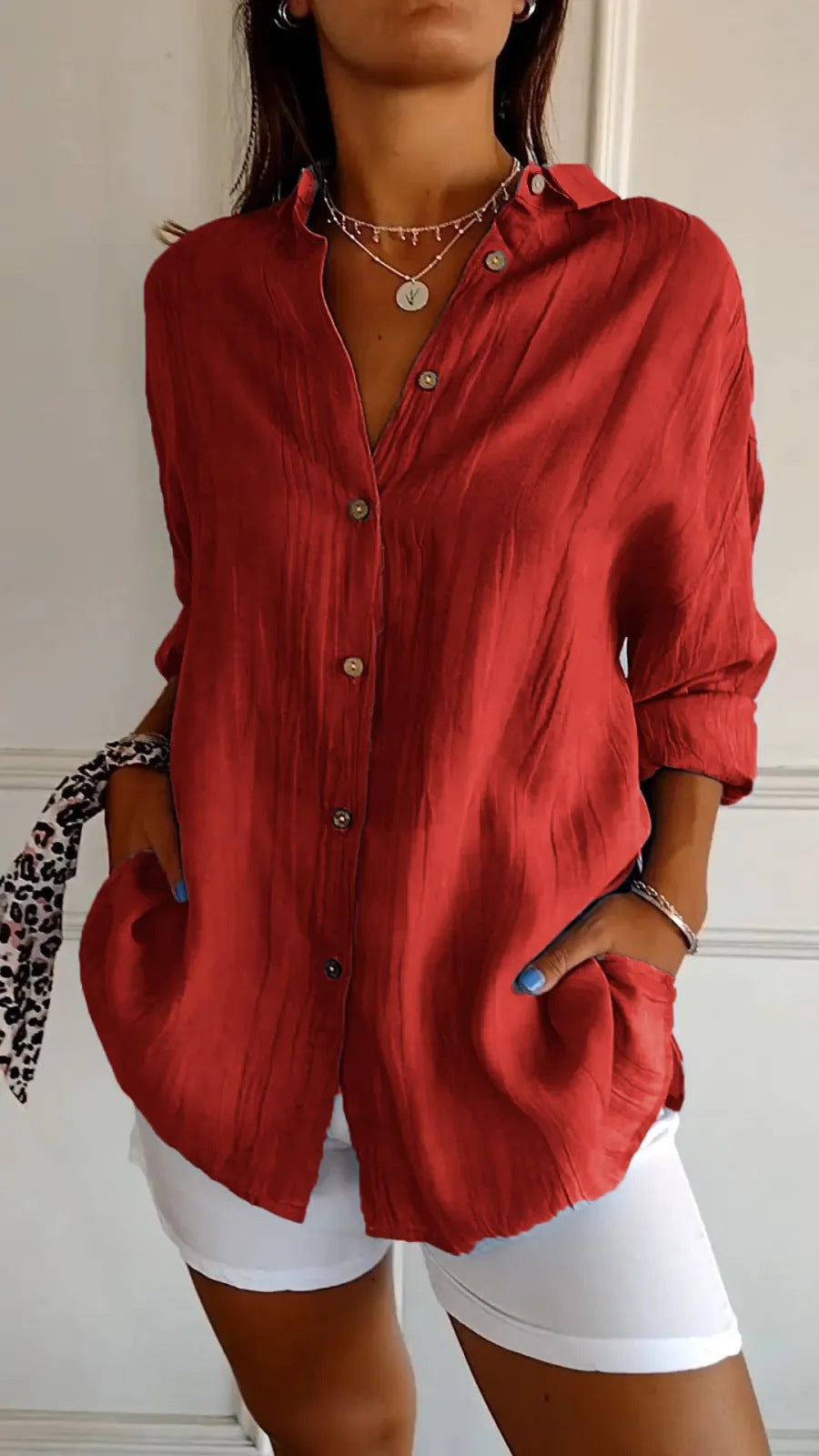 Lapel Long Sleeve Pleated Shirt