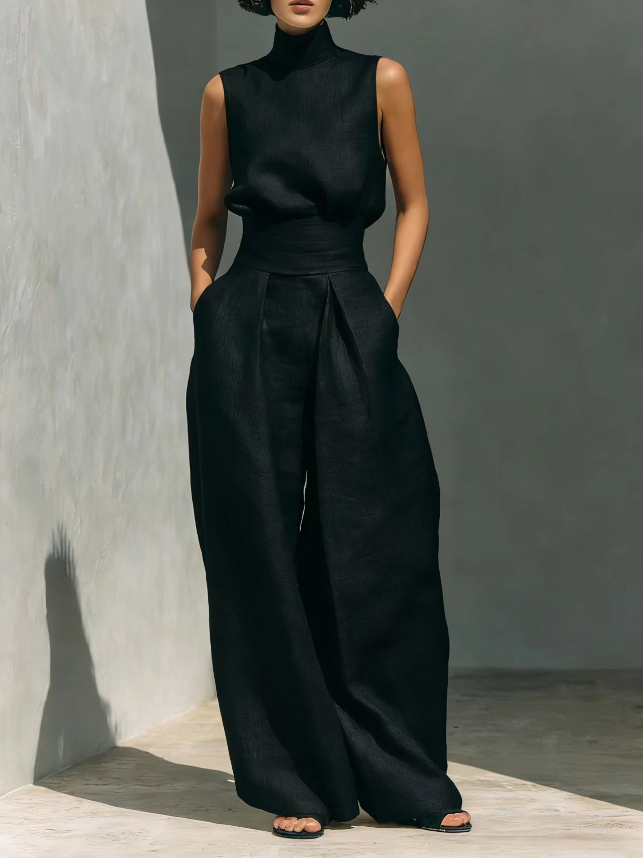 Casual Sleeveless Summer Stand-up Collar Pullover Top And Loose Straight-leg Trouser