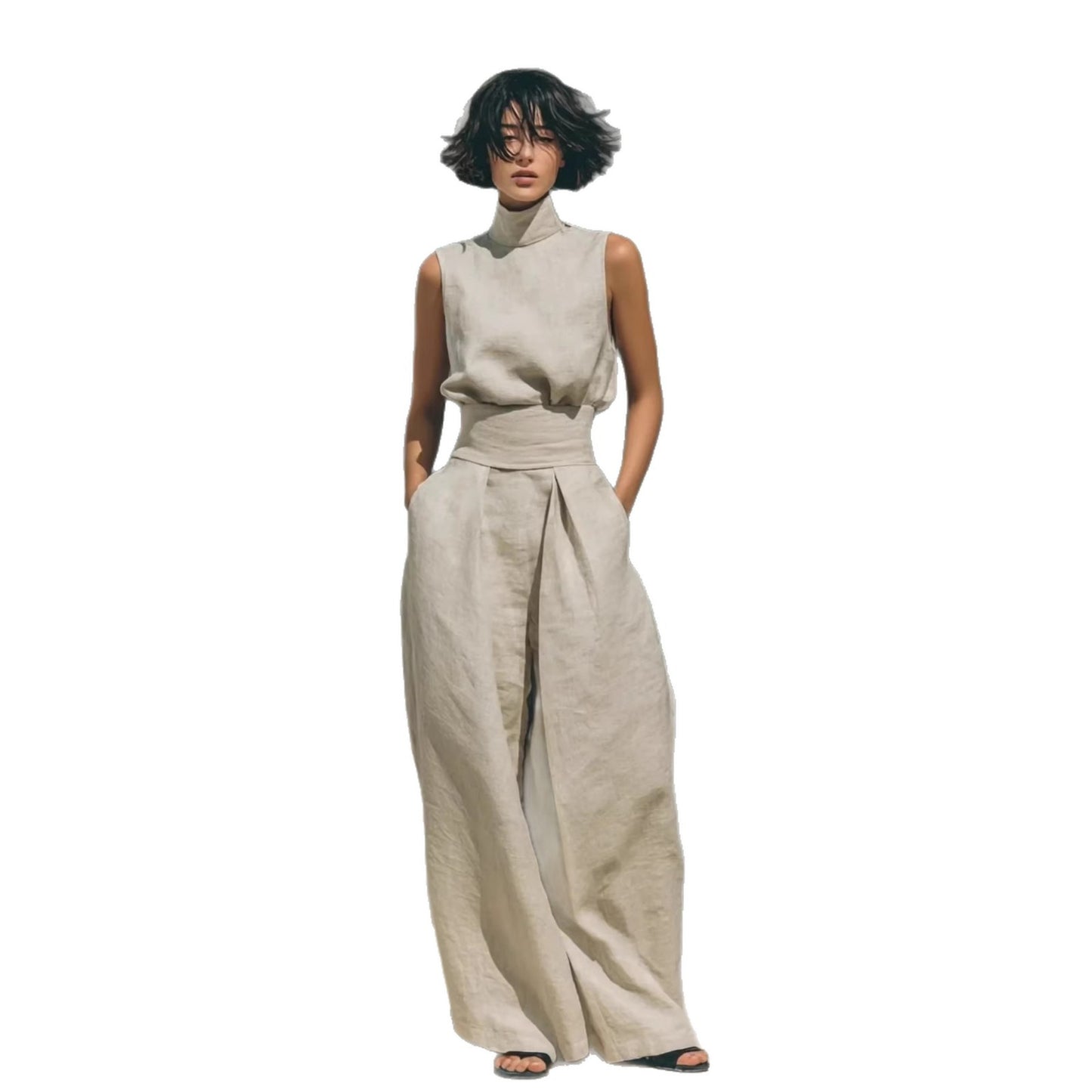 Casual Sleeveless Summer Stand-up Collar Pullover Top And Loose Straight-leg Trouser