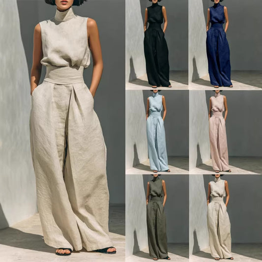 Casual Sleeveless Summer Stand-up Collar Pullover Top And Loose Straight-leg Trouser