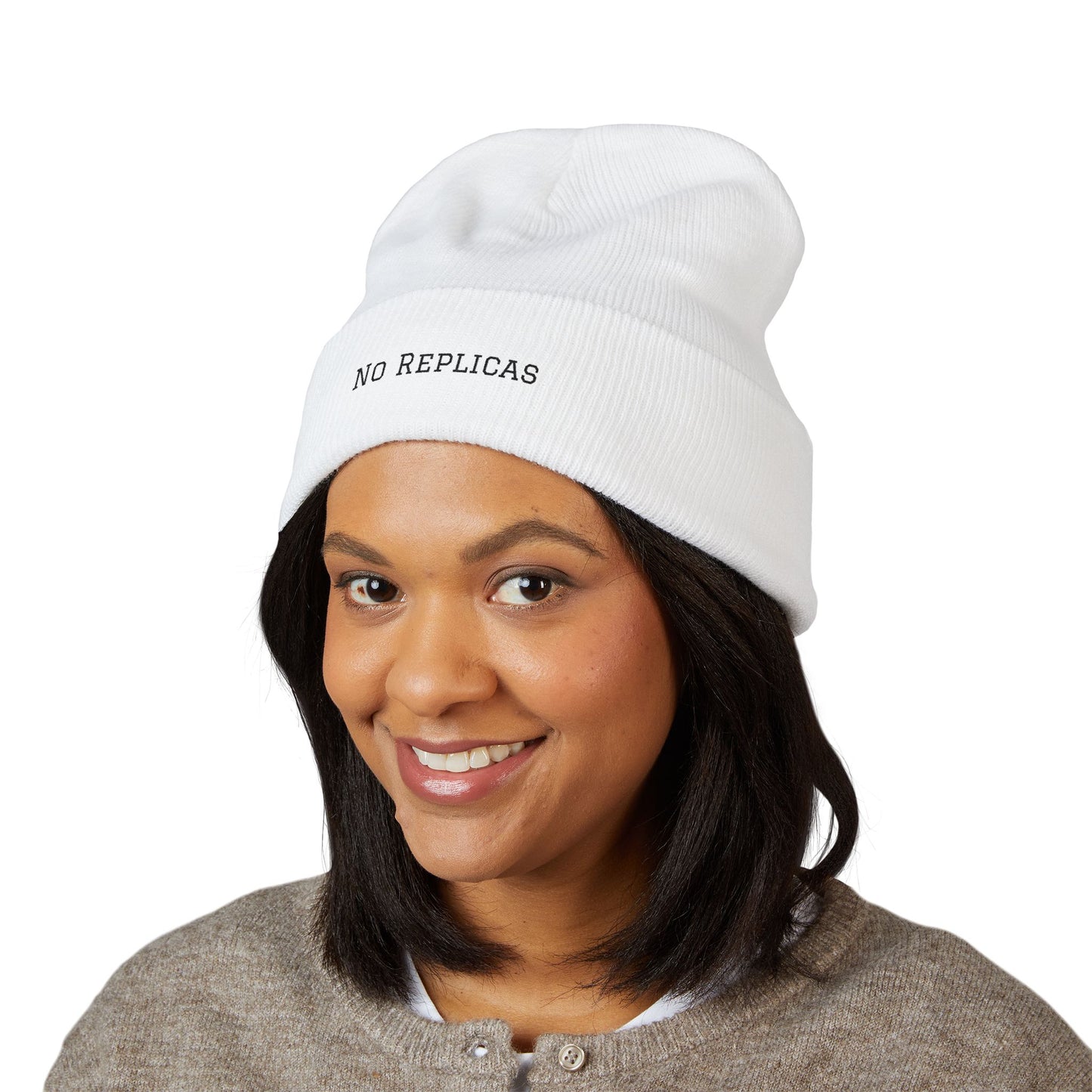 No Replicas Embroidered Cuffed Beanie — Minimalist Streetwear Knit Hat