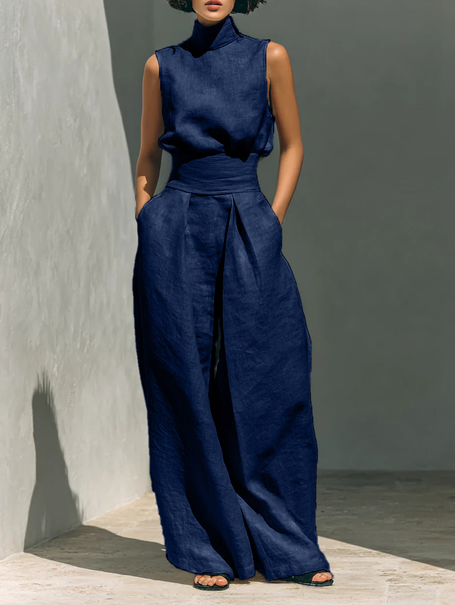 Casual Sleeveless Summer Stand-up Collar Pullover Top And Loose Straight-leg Trouser