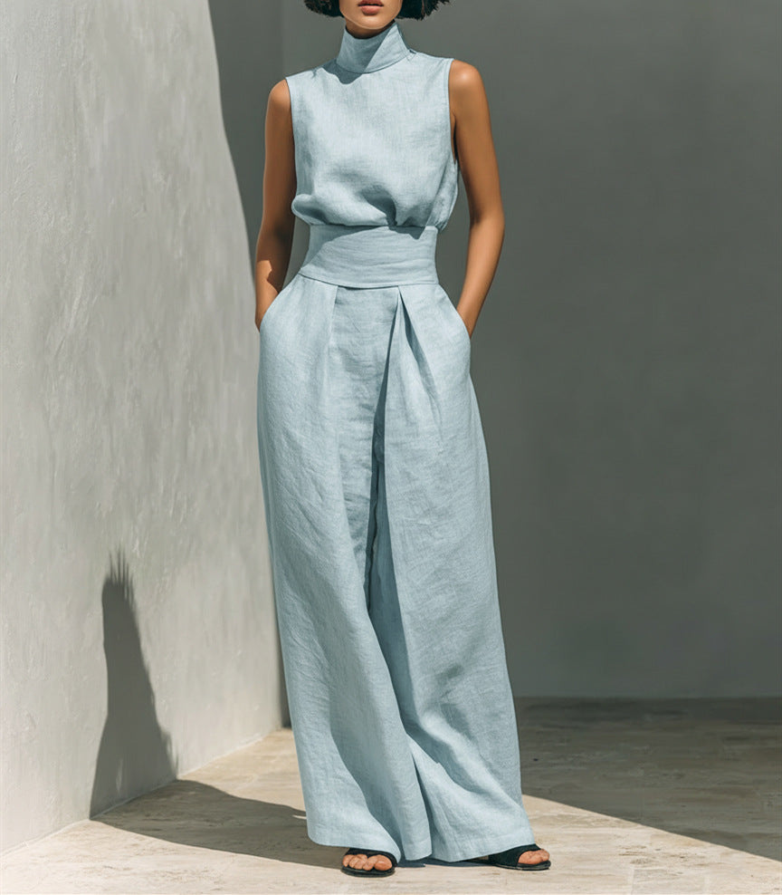 Casual Sleeveless Summer Stand-up Collar Pullover Top And Loose Straight-leg Trouser
