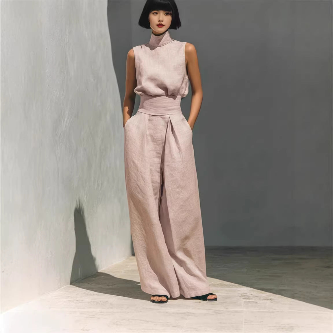 Casual Sleeveless Summer Stand-up Collar Pullover Top And Loose Straight-leg Trouser