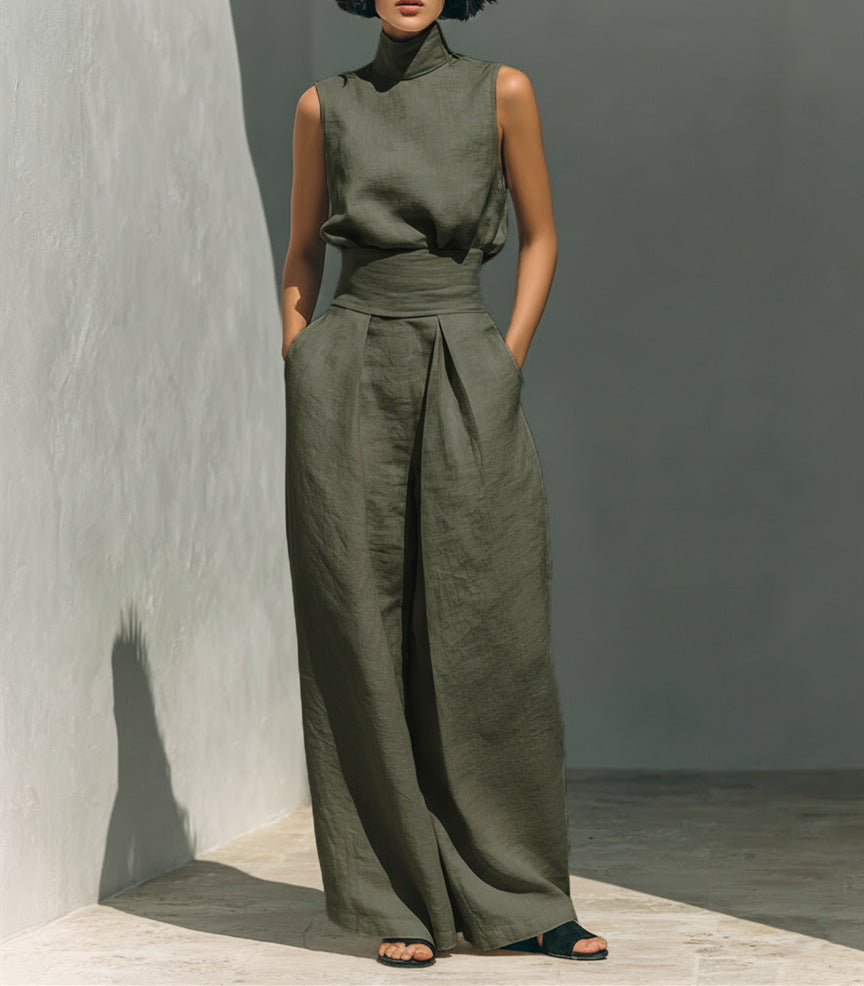 Casual Sleeveless Summer Stand-up Collar Pullover Top And Loose Straight-leg Trouser