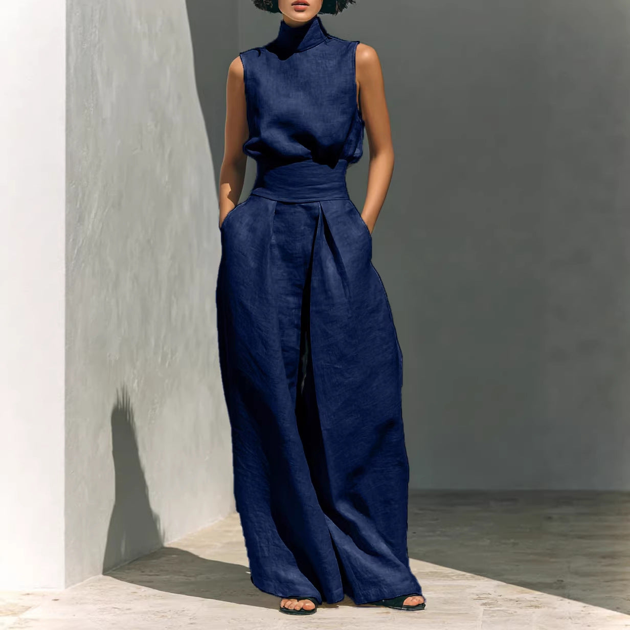 Casual Sleeveless Summer Stand-up Collar Pullover Top And Loose Straight-leg Trouser