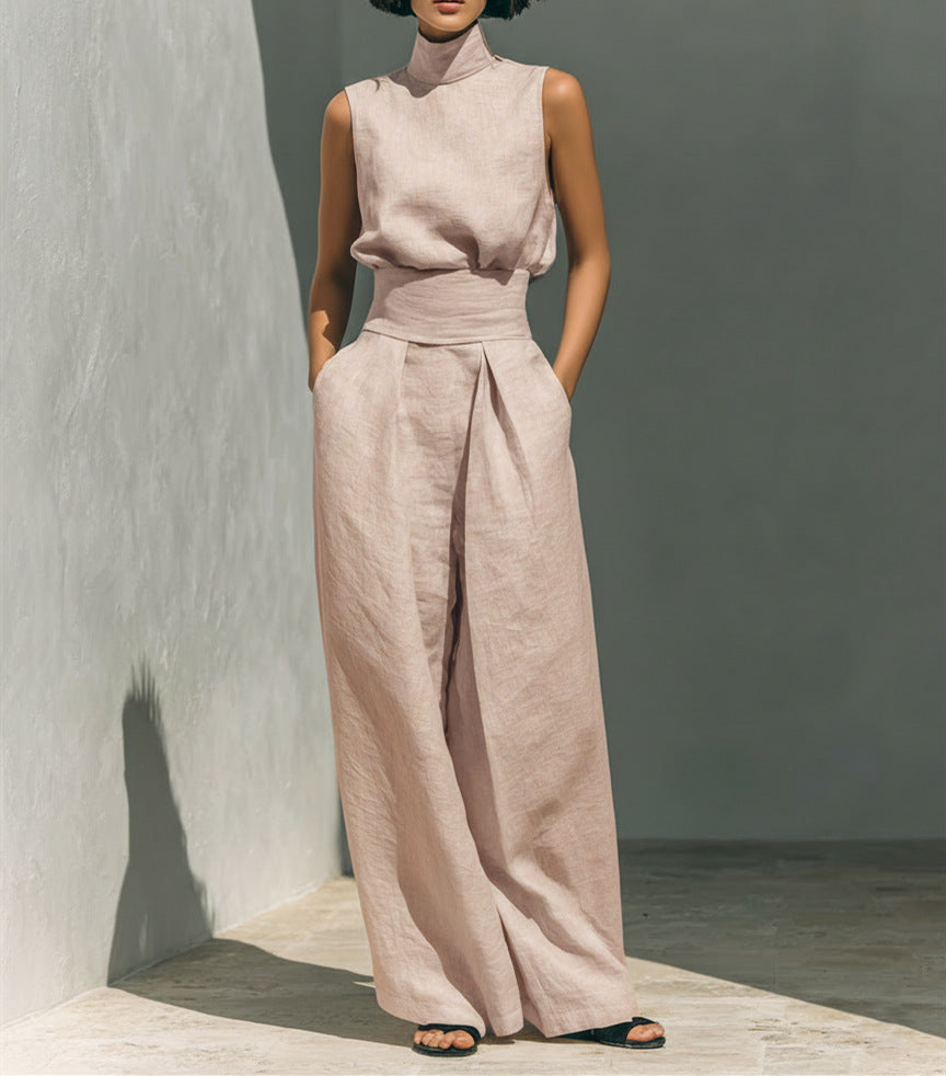 Casual Sleeveless Summer Stand-up Collar Pullover Top And Loose Straight-leg Trouser