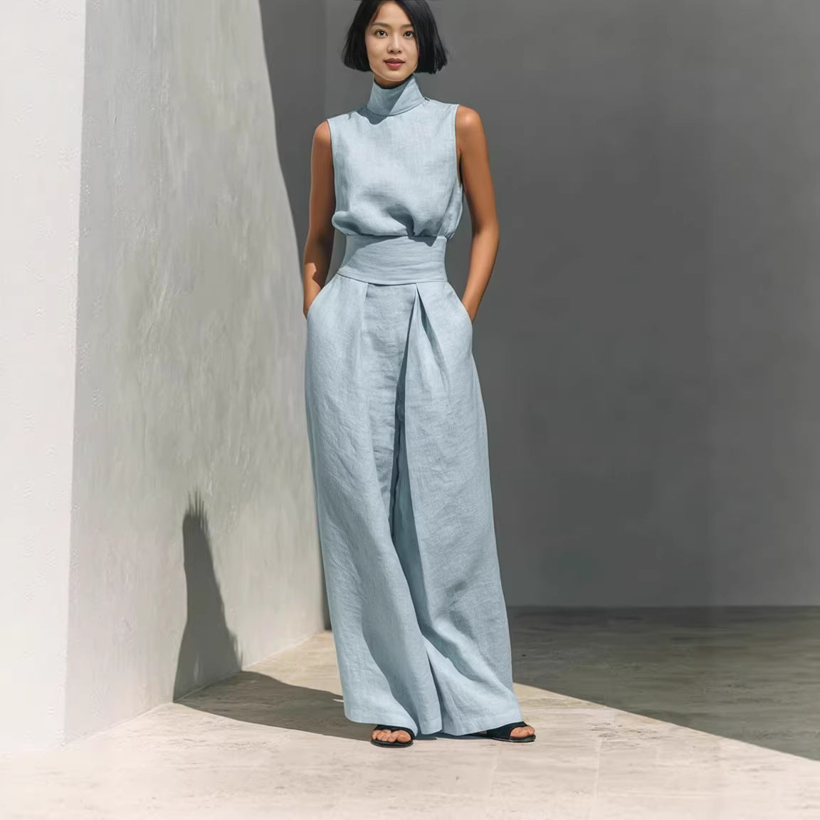 Casual Sleeveless Summer Stand-up Collar Pullover Top And Loose Straight-leg Trouser