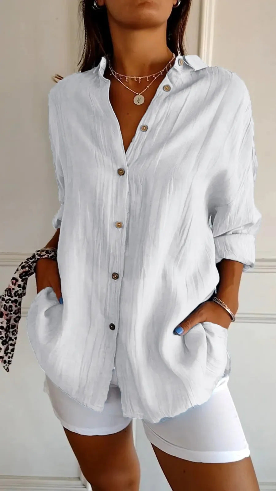 Lapel Long Sleeve Pleated Shirt